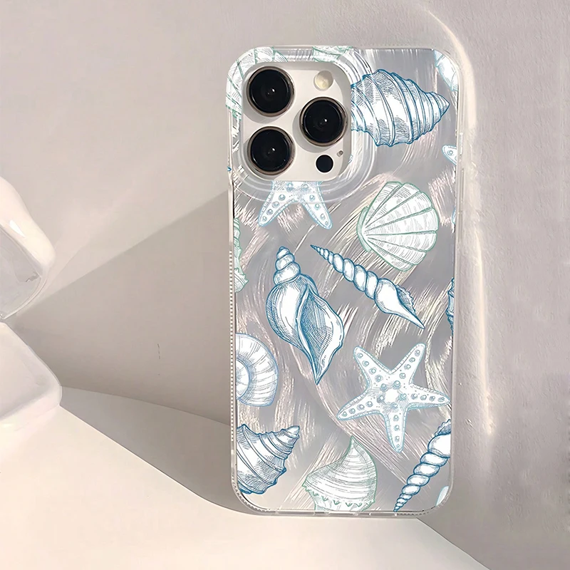 

Seashell Starfish Pattern Phone Case For iPhone 16 11 14 15 13 Pro Max 16E 14 15 7 8 Plus X XS Max XR SE2 Feather Texture Cover