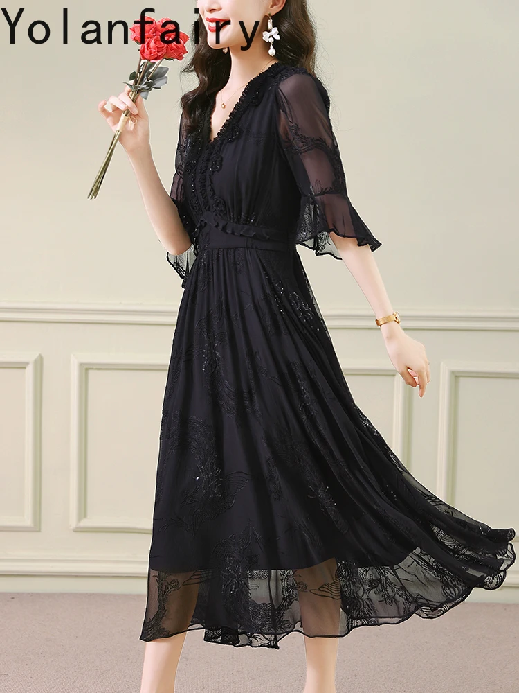 YOLANFAIRY جودة عالية 100% فستان حريري التوت الحقيقي الملابس النسائية التطريز فستان أبيض أنيق فساتين الصيف رداء امرأة