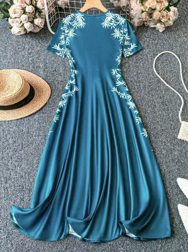 Vestido estampado de cintura alta a la moda 2025, vestido elegante con cuello redondo para mujer, nuevo modelo transfronterizo elegante de Europa y América