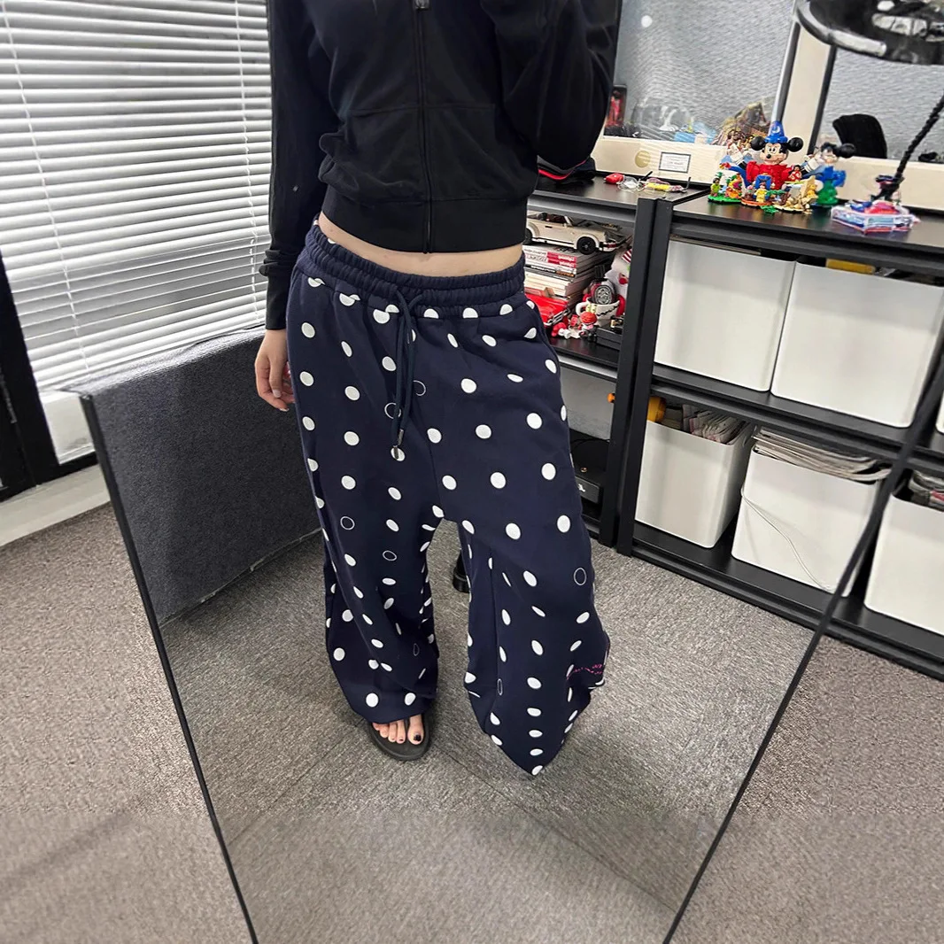 

Pure Cotton Casual Pants Women's Polka Dot Pants Drawstring Printed Wide-leg Pants Loose Drape Straight Trousers