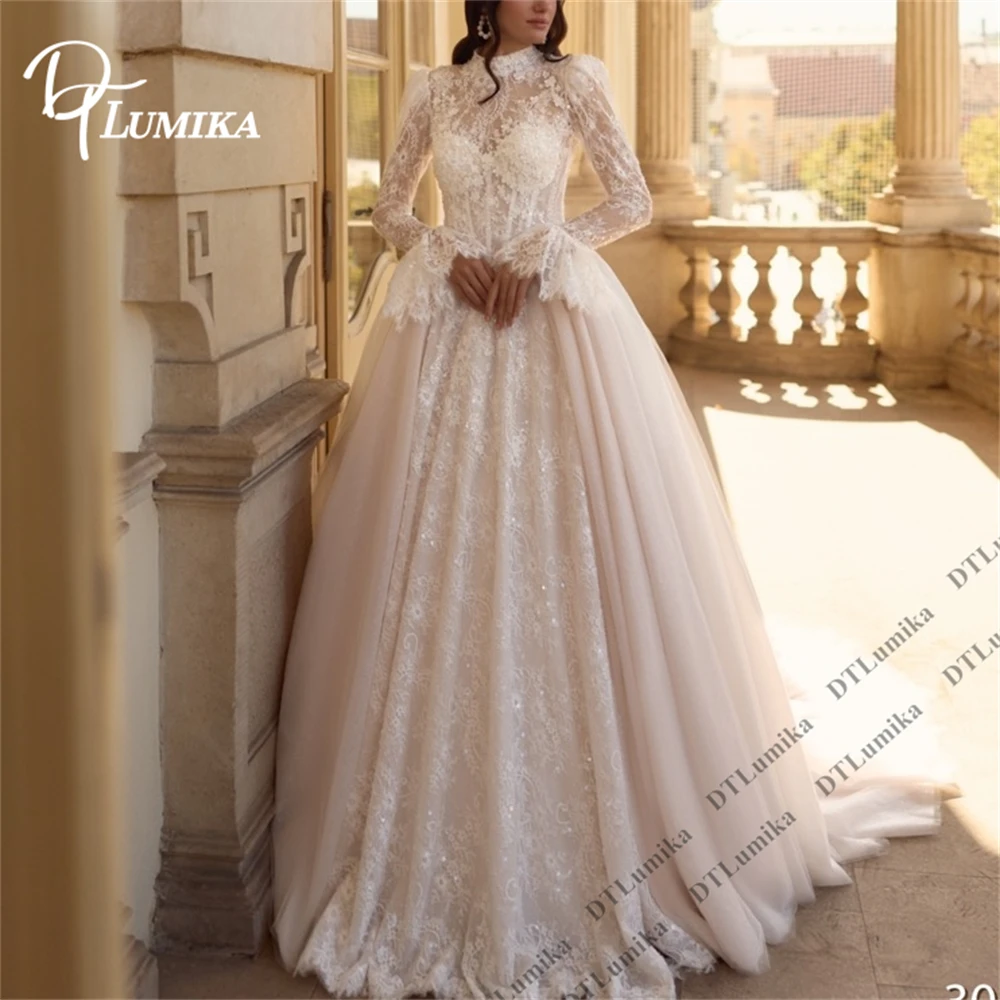 

DTLumika Retro Lace Wedding Dress for Bride to Be 2026 High Neck Full Sleeves A Line Bride Dress Customized Women's Bridal Gown