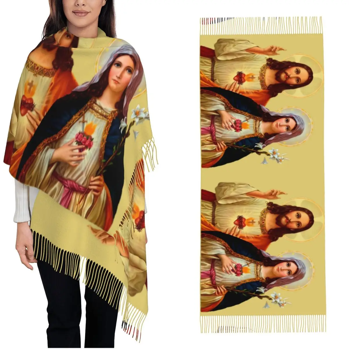 Sacred And Immaculate Heart Of Jesus And Mary Scarf for Women Warm Winter Pashmina Shawl Wrap Long Scarves with Tassel Ladies