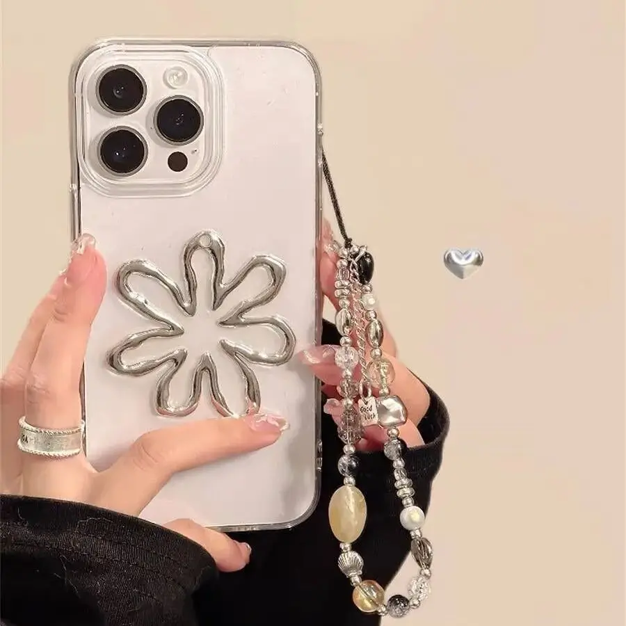 

Fashion 3D Metal Flower Transparent Bead Chain Phone Case For iPhone 15 14 13 12 11 Pro Max Cute Clear Soft Silicone Cover Women