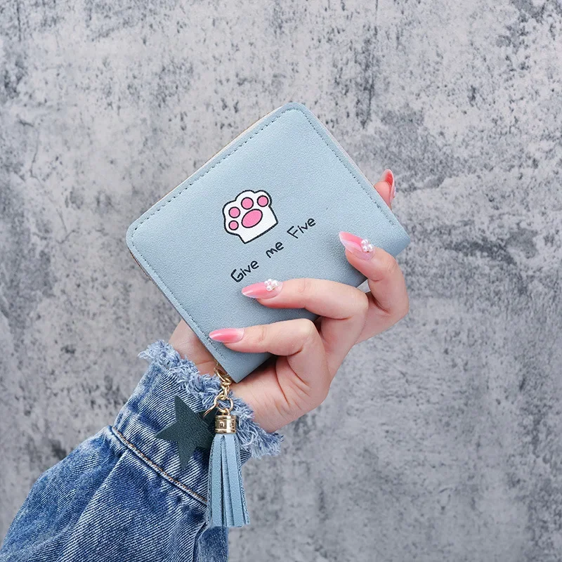 محفظة صغيرة من الجلد الصناعي بطباعة كرتونية لطيفة للنساء ، حقيبة نقود صغيرة ، محفظة عملات معدنية كاواي ، شرابة تخزين قابلة للطي ، حامل بطاقات للطلاب