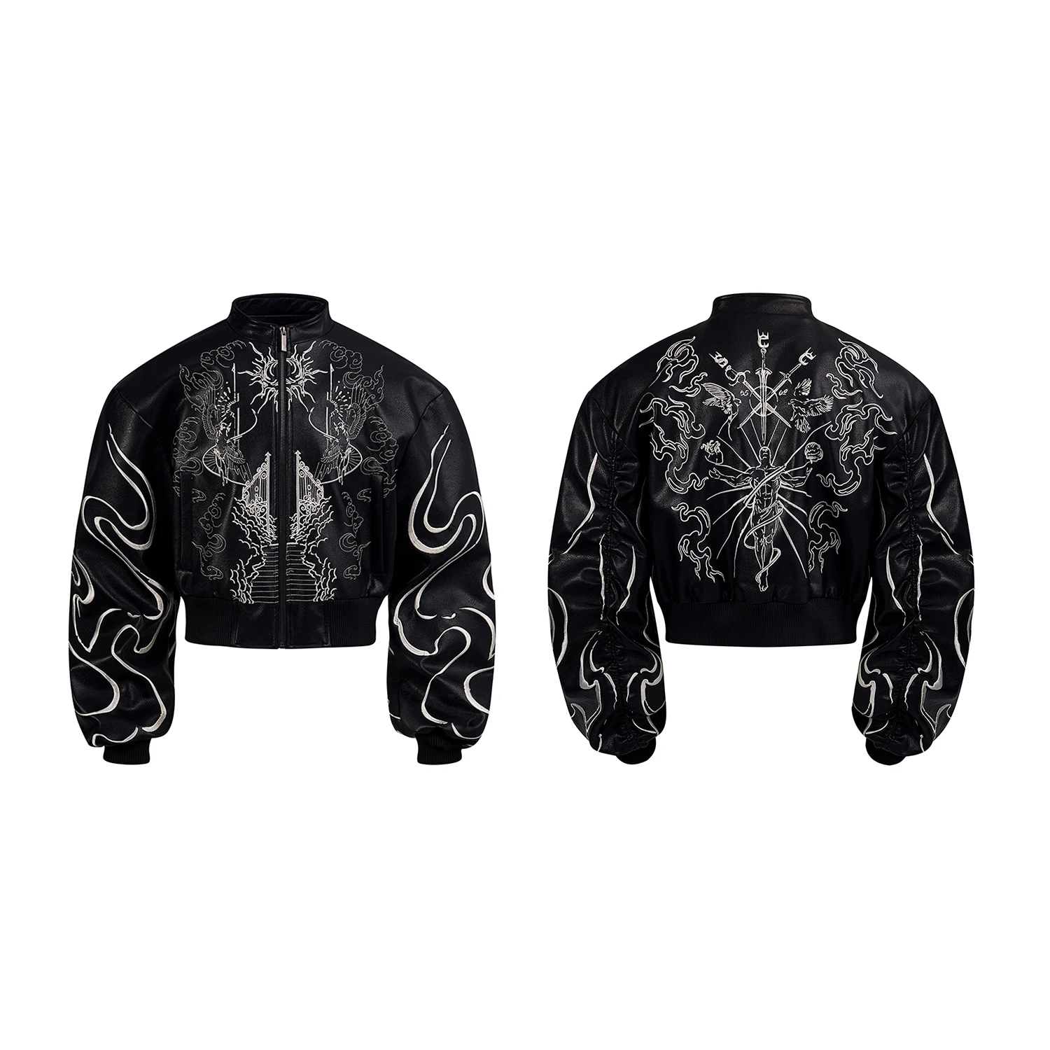 Gothic Embroidery Cropped Men's Leather Jacket, Punk Style Stand
