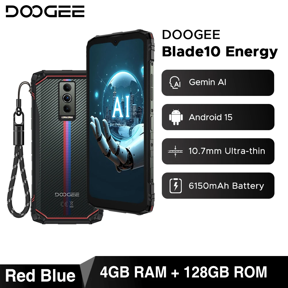 DOOGEE Blade10 Energie Robuuste telefoon Android 15 Gemini AI 10,7 mm Ultradunne 6150 mAh batterij 6,56 '' scherm Widevine L1 mobiele telefoon