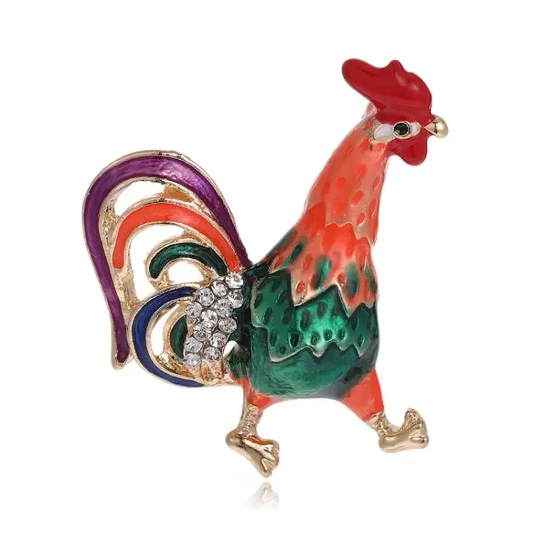 Blucome Fashion Colorful Rooster Shape Crystal Animal Brooches for Women Suit Scarf Hat Pins Wedding Party Accessories Gifts