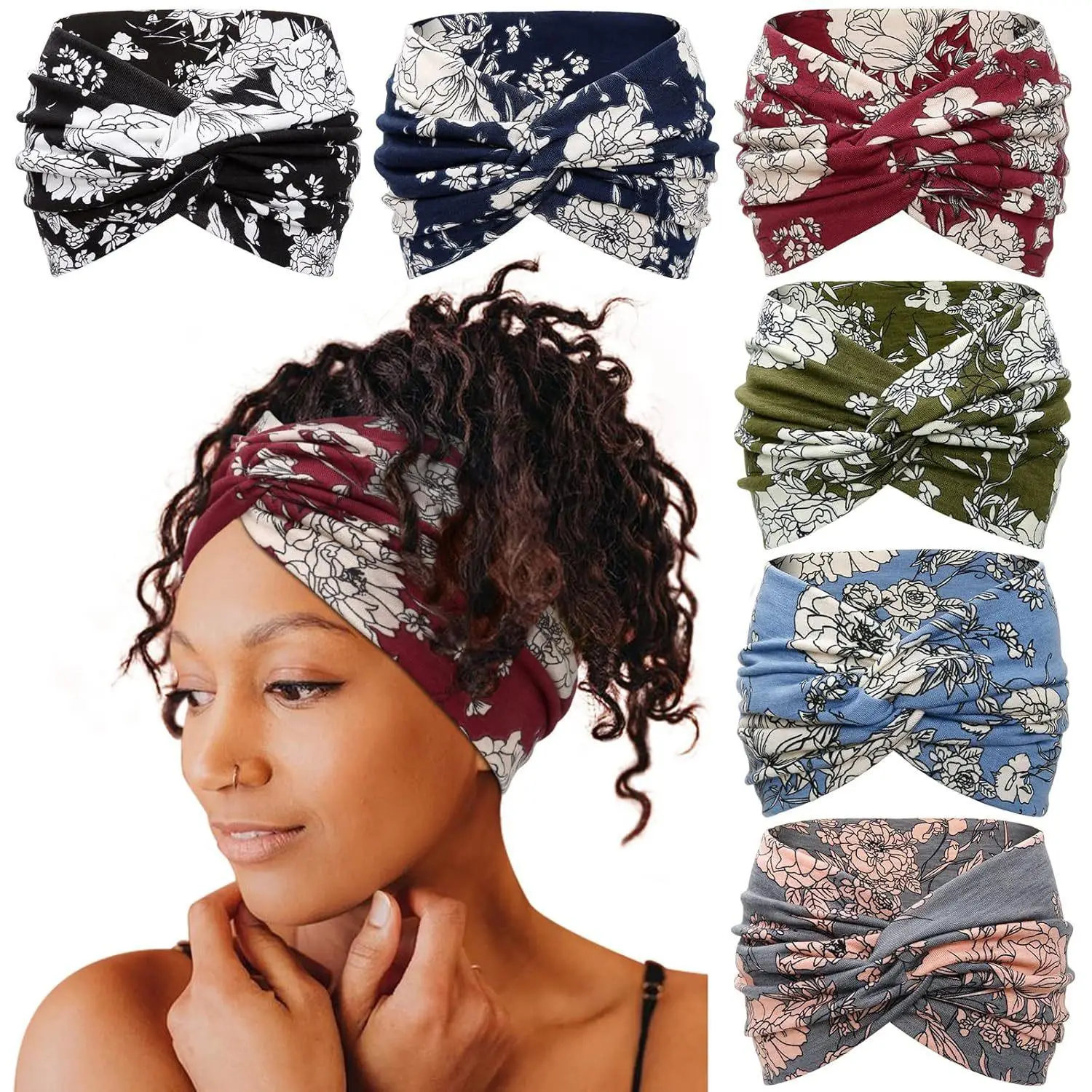 

6Pcs/Set Women Wide Boho Headbands Elastic Yoga Sweatband Breathable Workout Hair Bands Bohemian Sports Headwraps Turbans for Running Fitness Makeup Wash Face Daily Wear Fashion Hair Accessories