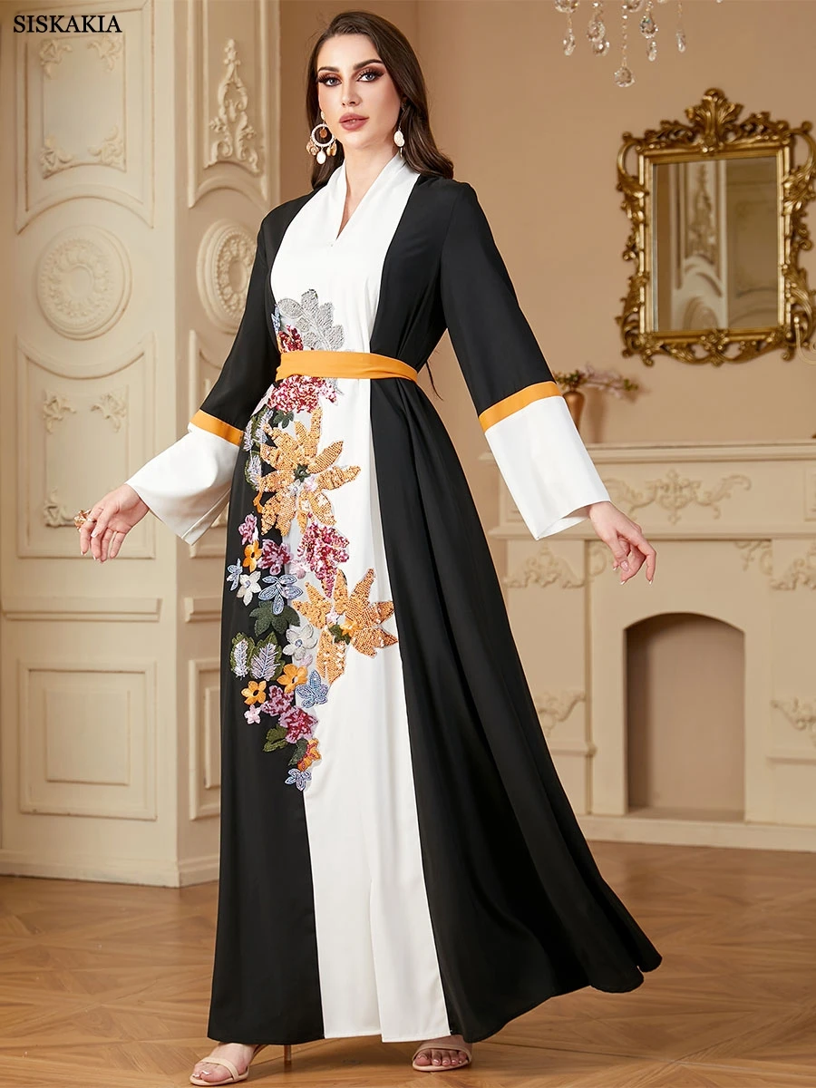 Siskakia Ramadan Dubai Sequins Patchwork Abaya Panel Sleeve Kaftan With Sashes Muslim Woman Costume Elegant Loose Dresses