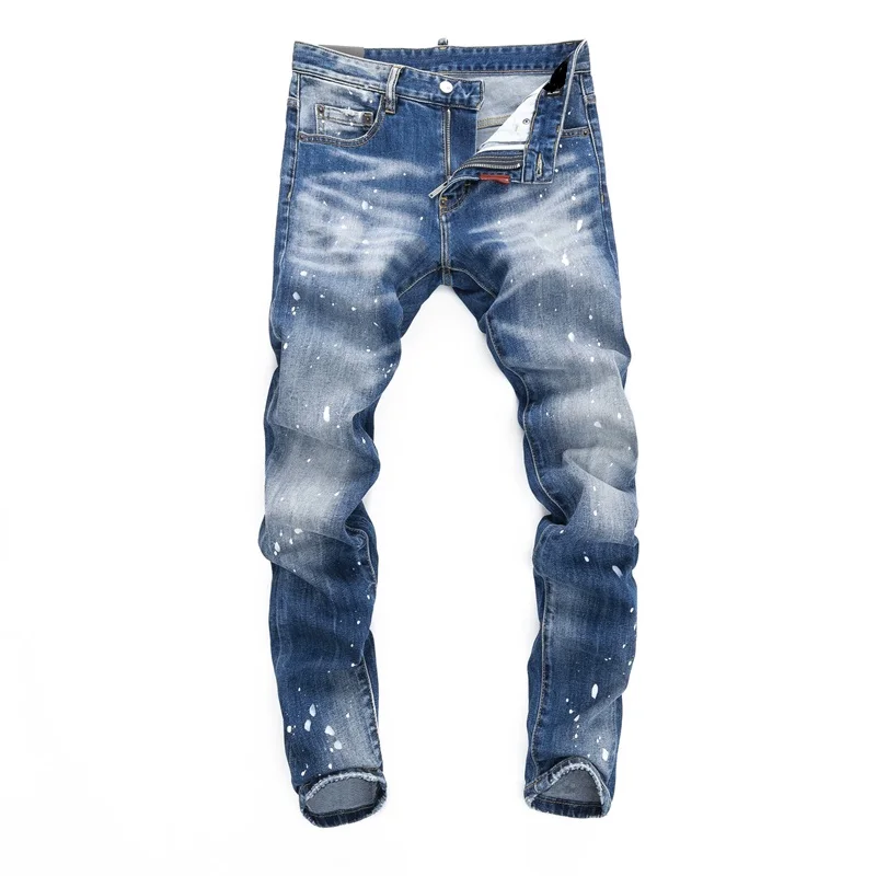 Fashion Brand High Quality Street Designer Men Jeans Vintage Blue Stretch Slim Fit Painted Ripped Jeans Men Denim Pants Hombre