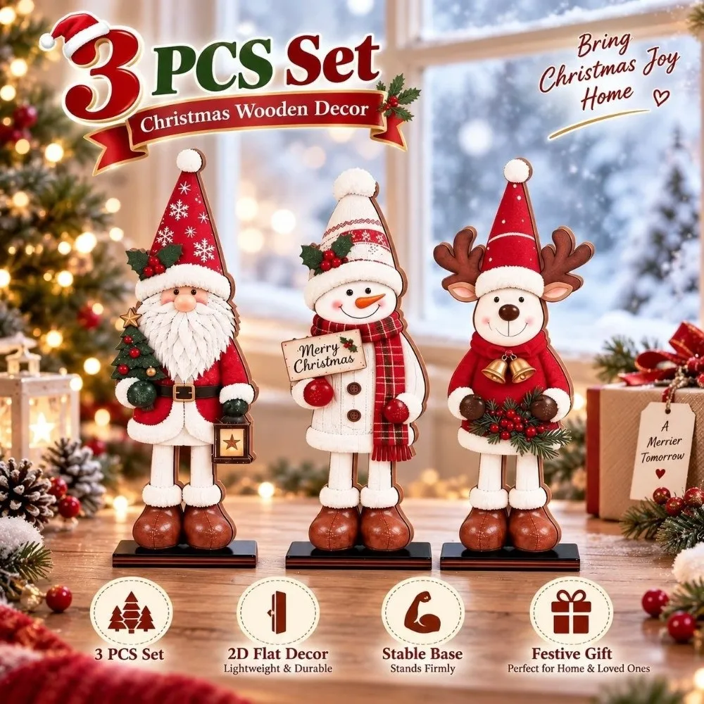 3Pcs Thickened Wooden Christmas Tabletop Ornaments Vintage 2D Flat Santa Snowman Reindeer Figurines Set Painted Stable Base