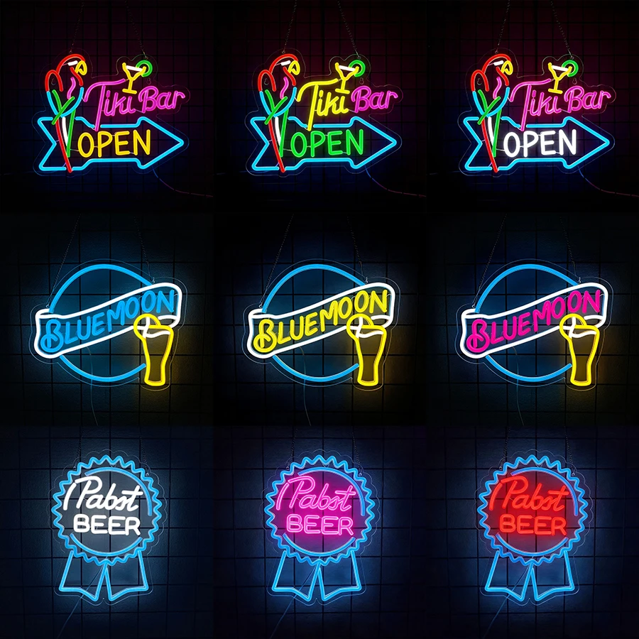 Tiki Bar Open Neon Sign for Wall Decor,Beer Bar Open LED Light Up Signs for Home Pub Tiki Bar Man Cave Restaurant Party Gift