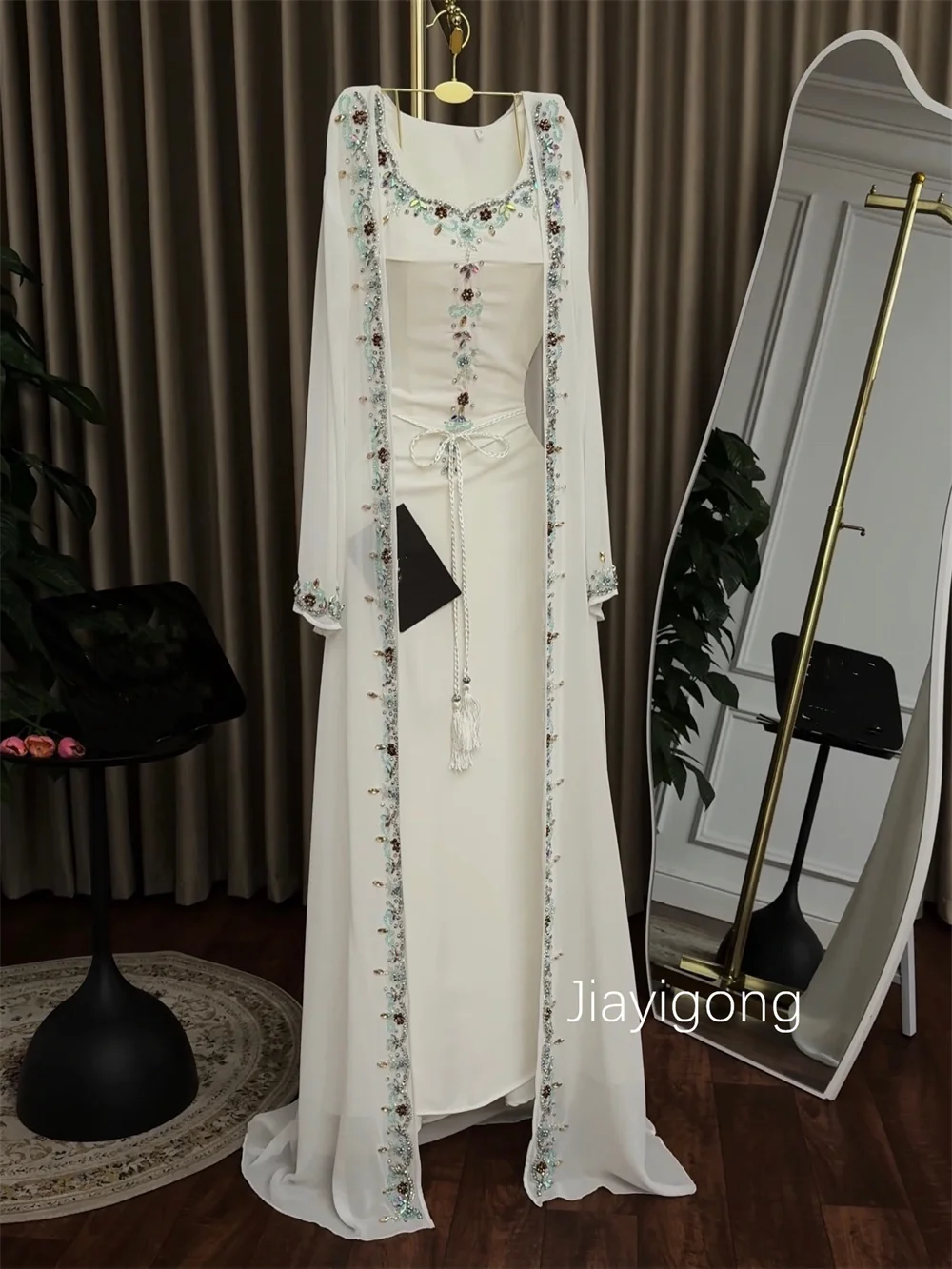 Customized Chinese Style Chiffon Pleat Sequined Pattern A-line O-Neck Long Bespoke Occasion Prom Dresses Formal