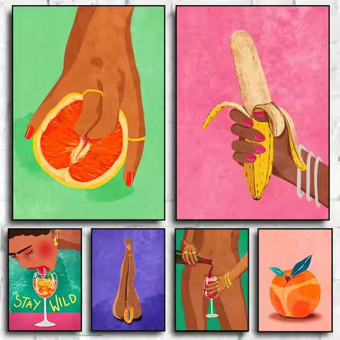 Funny Colorful Woman Body Parts Art Posters Canvas Print Art Red Wine Fruits Woman Wall Art Painting Funny Room Bathroom Decor