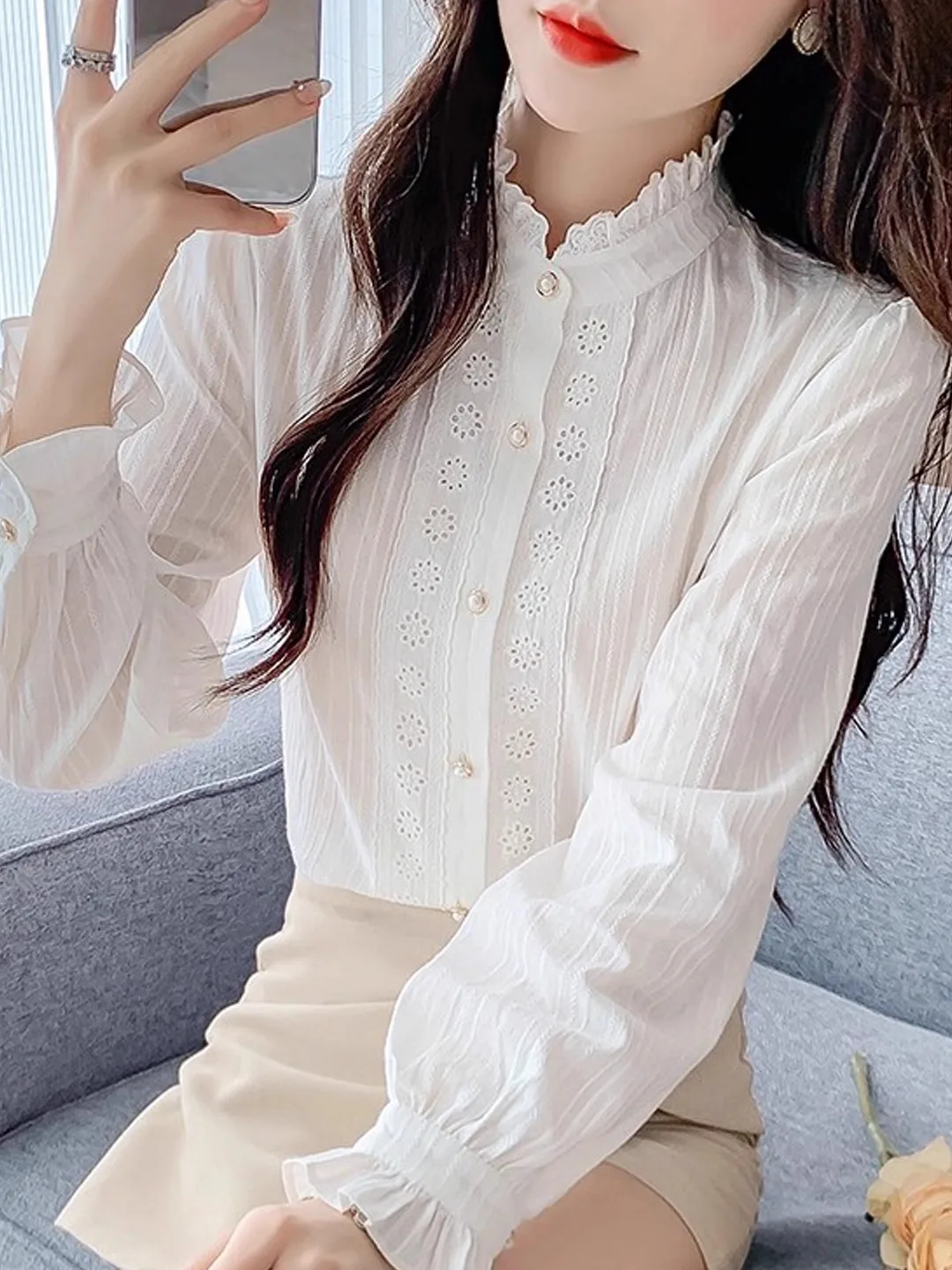 

Cotton irt Women's Loose Long Sve Stand Collar Autumn New Sle Versatile Faionable Top Button Detail Wood ain