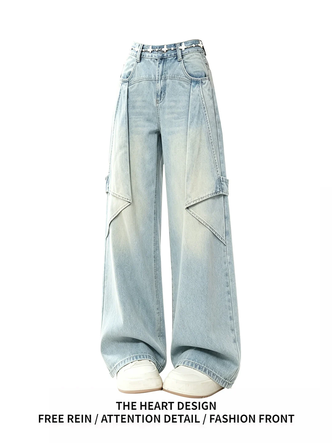 

American Style 3D Gradient Dyed High Waist Wide Leg Denim Jeans Women's Summer Vintage Straight Cut Trousers Casual Wear