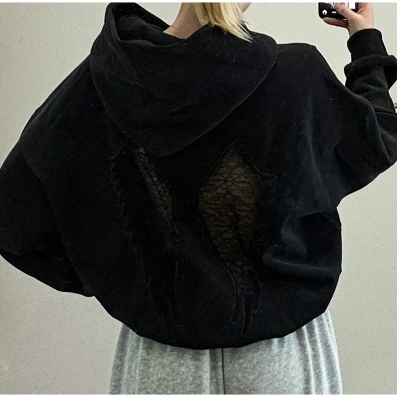 Damen-Oberteile, Oversize-Cropped-Hoodie-Pullover mit Rückenverzierung aus Spitze, Engelsflügel-Stickerei-Patch, Kapuzenpullover, Gothic-Langarmjacken – Detail 6