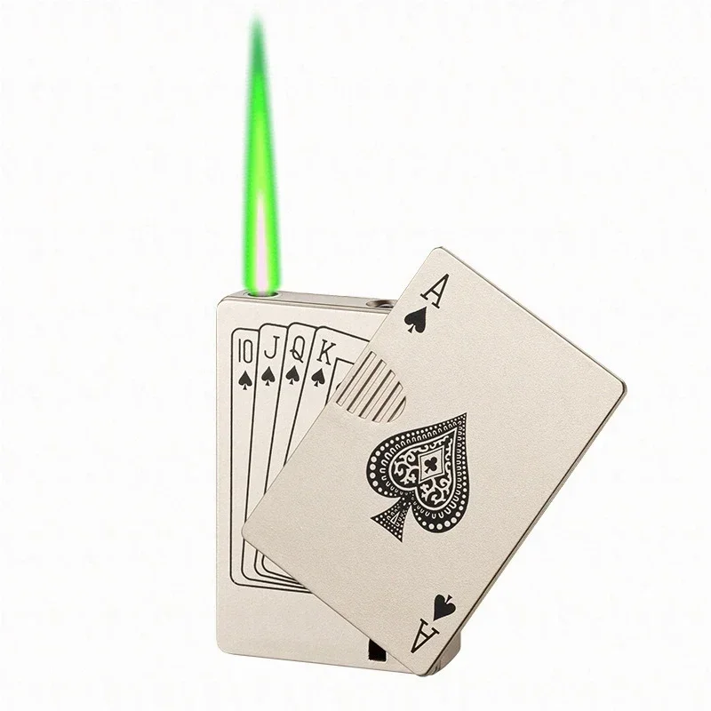 New Creative Metal Jet Torch Green Flame Poker Lighter Windproof Playing Card Lighter Funny Toy Smoking Accessories Men\'s Gift