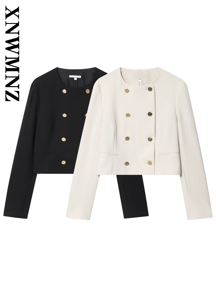 

XNWMNZ 2025 осенняя новая женская одежда, простое вечернее короткое пальто, повседневное женское модное пальто с длинным рукавом и круглым воротником