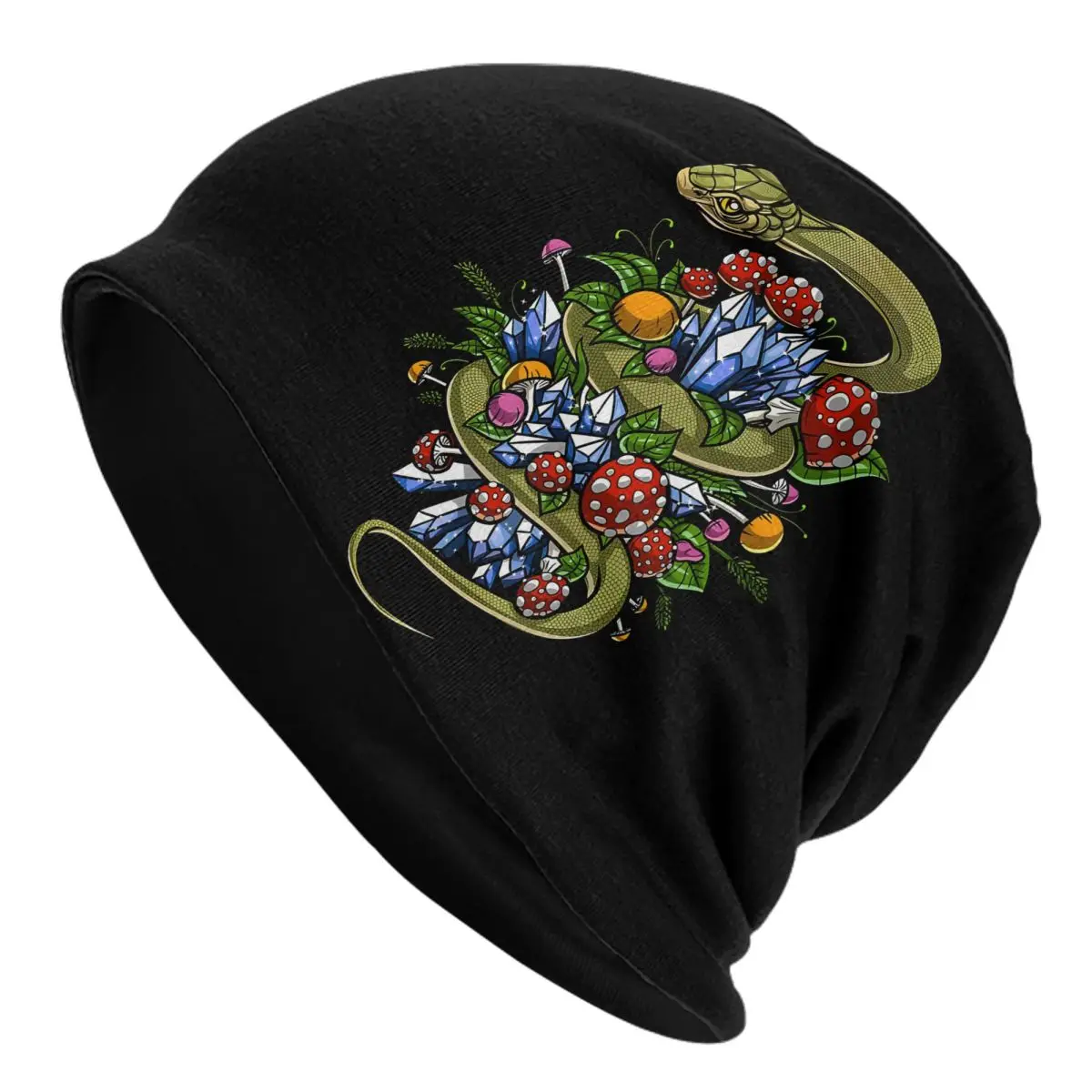 Magic Mushrooms Crystals Snake Poster Autumn Female Thin Beanies Double Used Casual Bonnet Hats