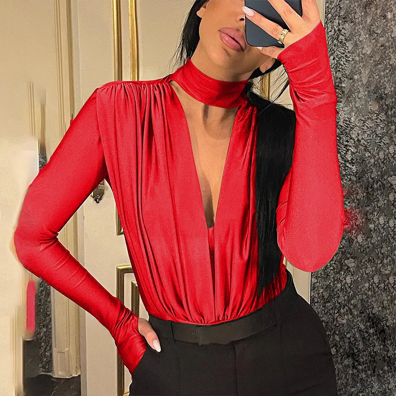 

2025 Office Lady V-neck Long Sleeve Bodysuits Y2k Rompers Women Elegant Jumpsuit Thongs Sexy Slim Shapewear Overalls Tops Onesie