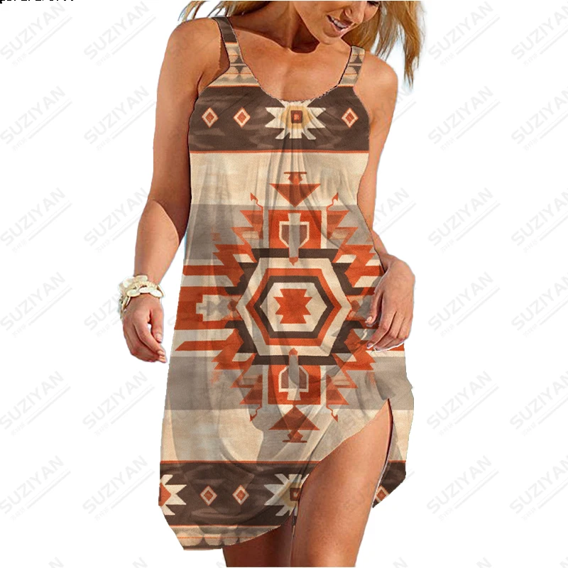 Tribal National Style 3D Printed Dress Female Fashion Loose Dress In Summer Round Neck Sleeveless Dress Outdoor Leisure Dress