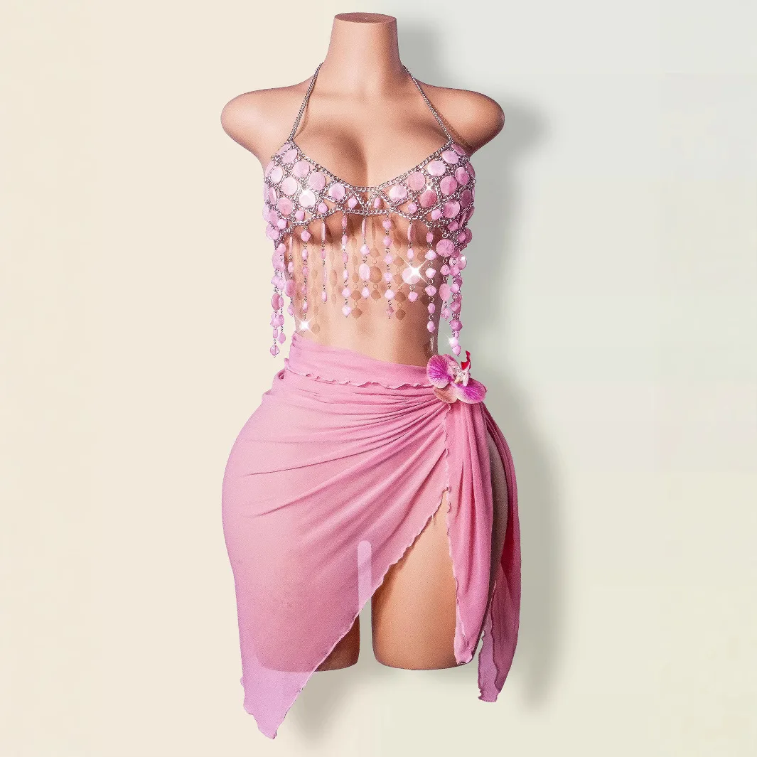 

Pink Acrylic Spicy Girl Body Chain For Women, Neckline Fringed Sexy Top, Nightclub Y2k Millennium Style Chain Vest