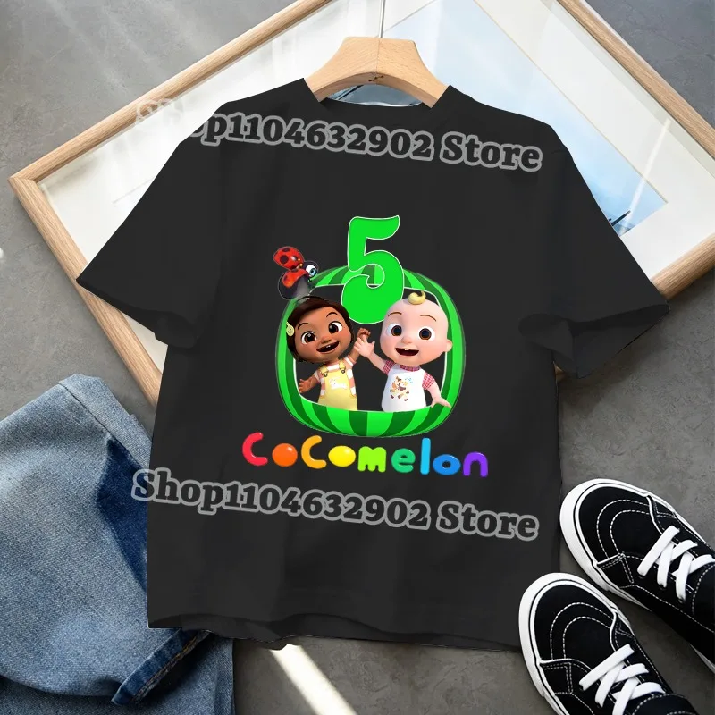 Cocomelons 소년 소녀 생일 티셔츠 번호 1-10 프린트 티셔츠 베이비 샤워 파티 티 어린이 여름 귀여운 탑 어린이 선물
