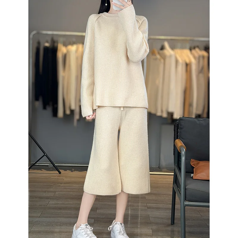 Women's Autumn Winter round Neck Loose Knit Sweater Shorts Drawstring 2-Piece Set 100% Merino Wool plus Size Thickened Ensemble