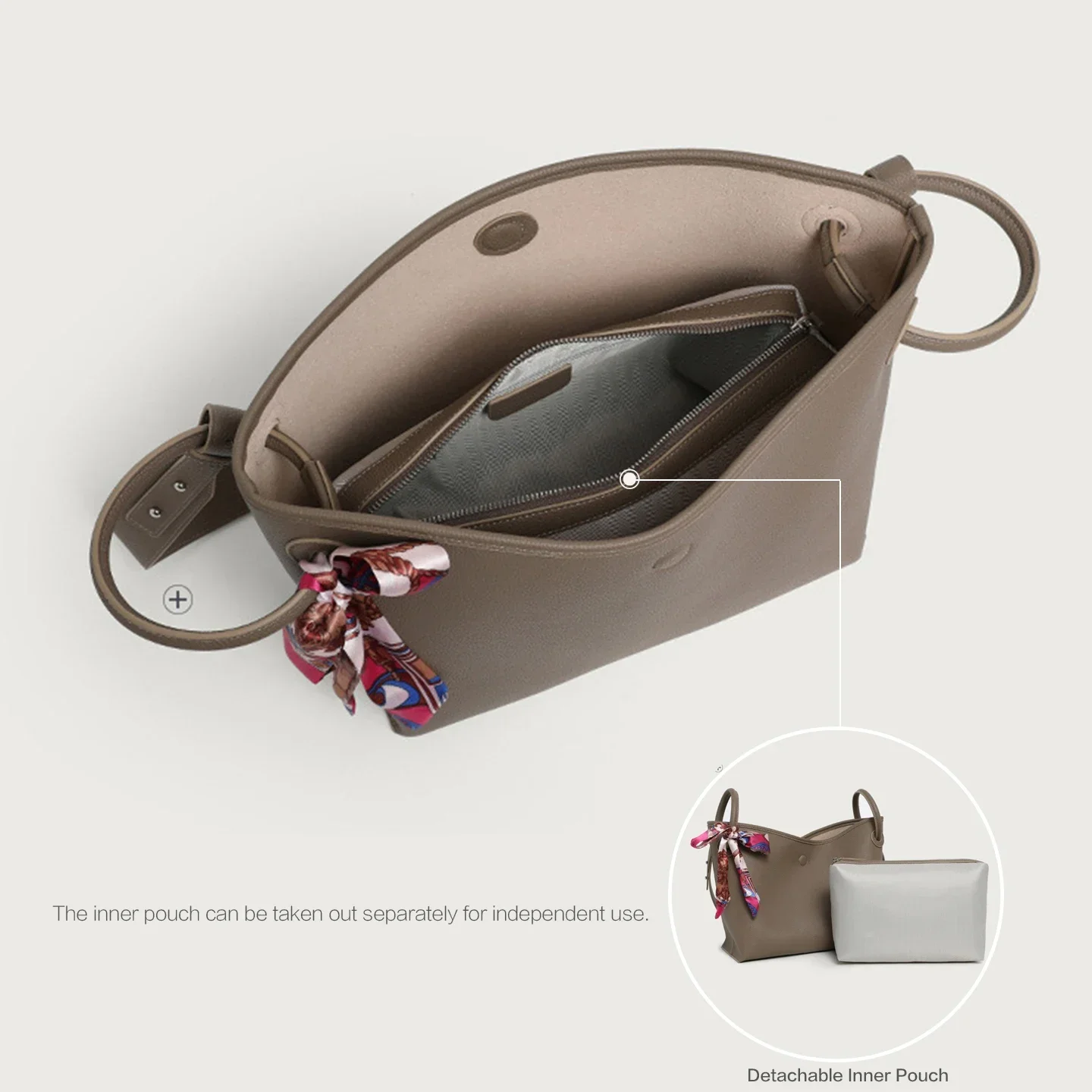Light Luxury High end Women Tote Bag PU Leather Solid Color 2 in 1 Shoulder Crossbody Handbag with Detachable Inner Pouch view 3