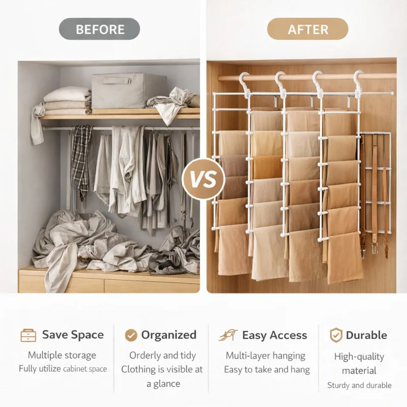 Multi Layer Ladder Pant Rack Non Slip Traceless Hanger Wardrobe Storage Tool Foldable Clip for Household Use