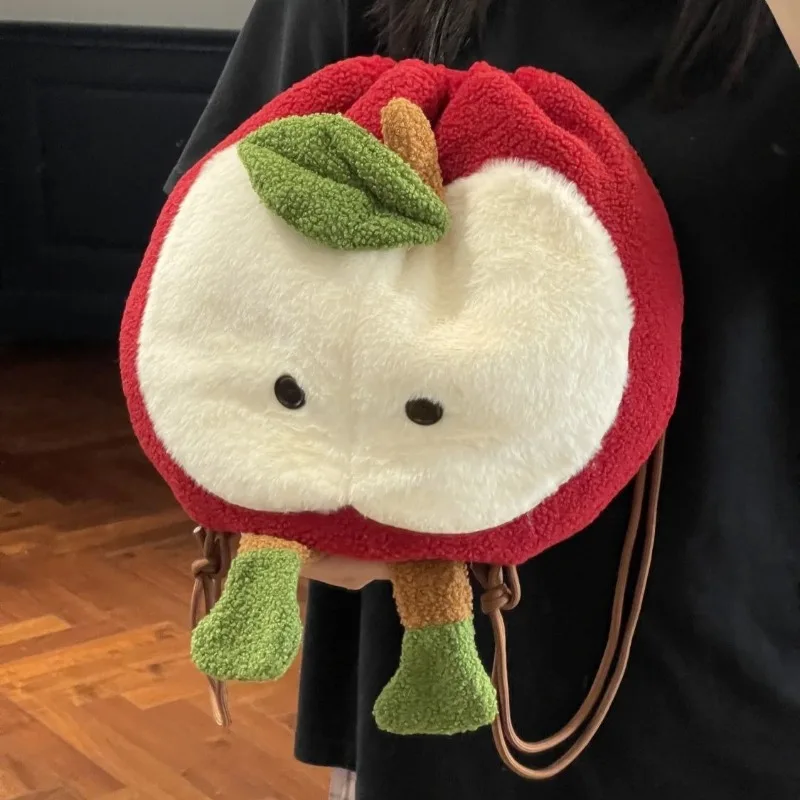 

Teenage Girls Fluffy Apple Bag Drawstring Mochila School Backpack Cute Cartoon Mochilas Large Capacity Bags for Woman