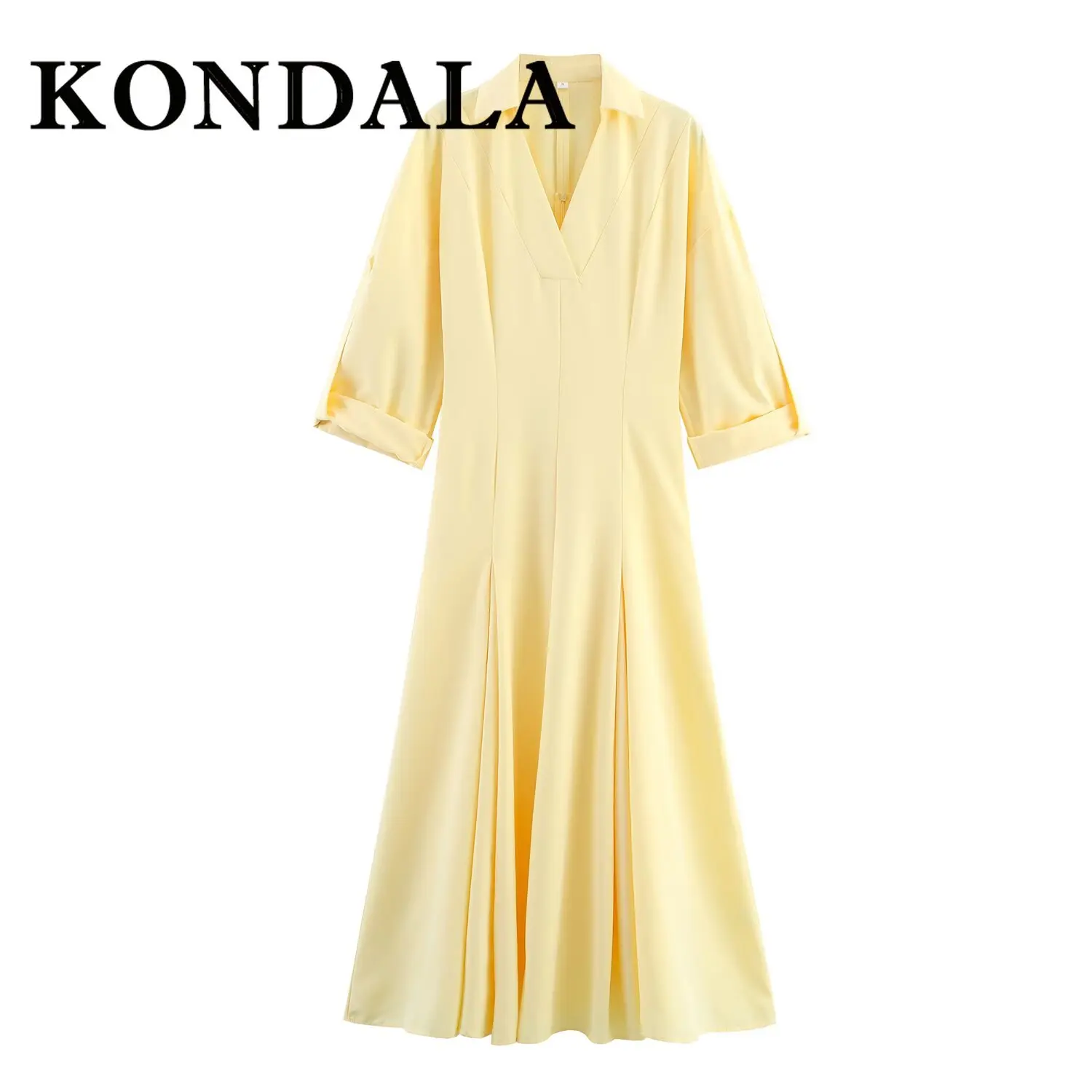KONDALA Chic Yellow 2025 Woman Dress Half Sleeve V-Neck Long Shirt Dress Zipper Slim Draped Elegant Fashion Female Vestido