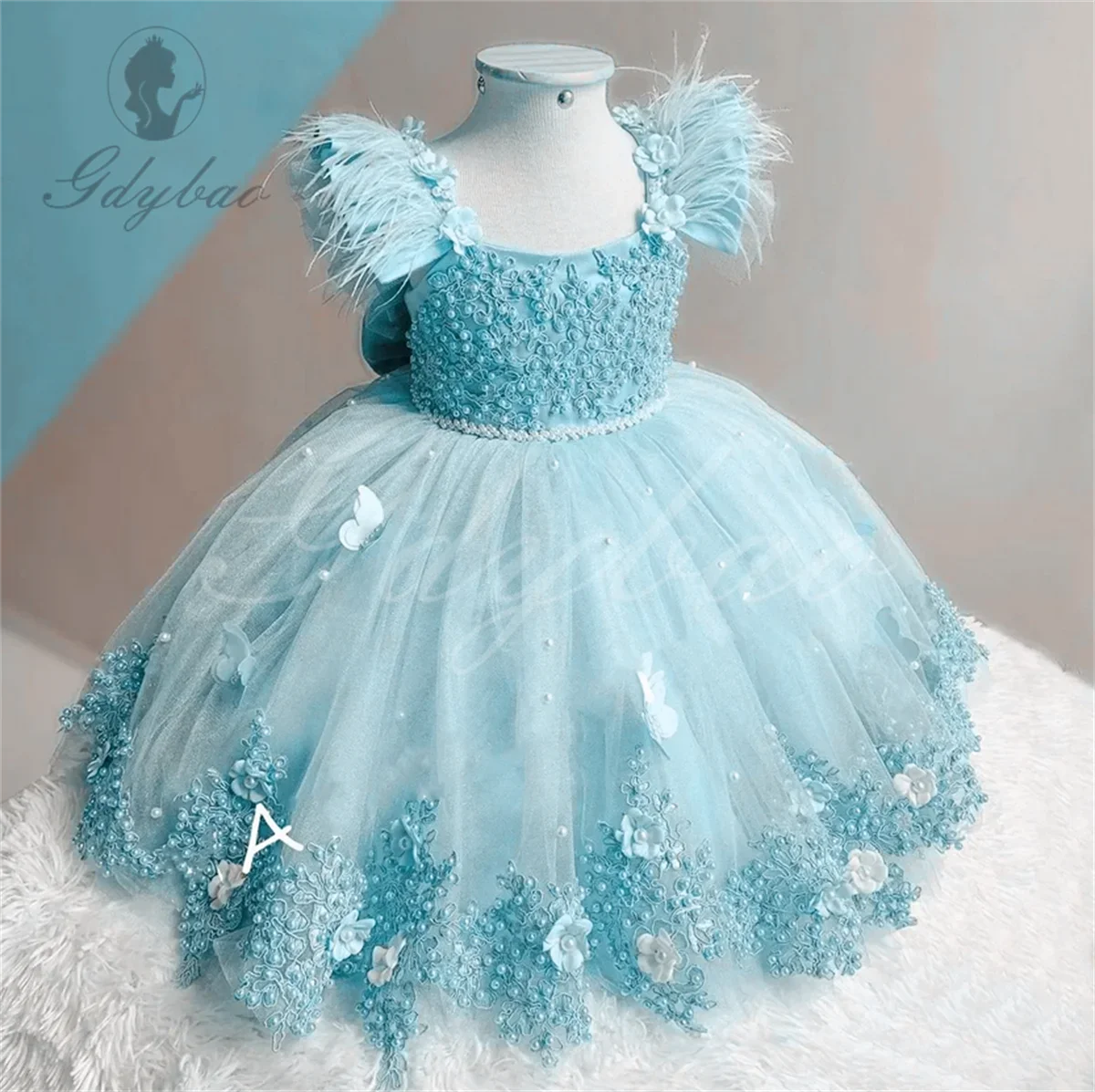 

Pearl Baby Kids Tulle Birthday Party Flower Girl Feather Dresses Long Butterflies Pearl Pageant Bow Communion Gown