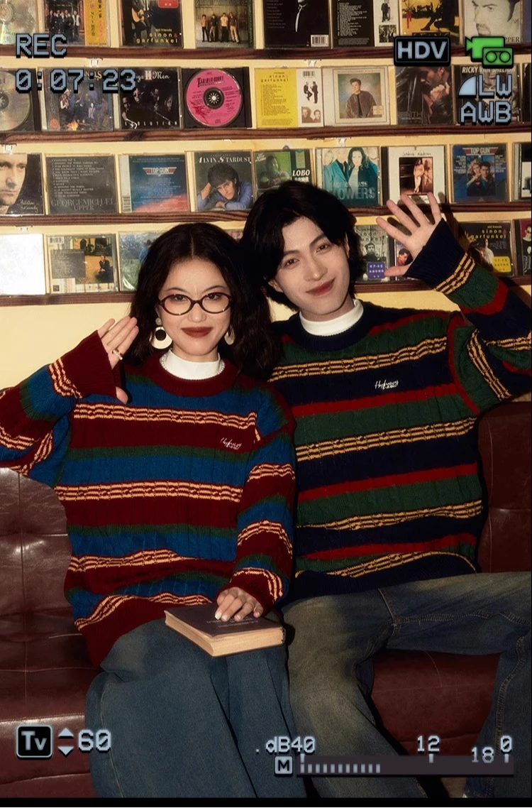 Autumn Winter New Retro Style Men's Red Yellow Spliced Knit Sweater Couple Outfit Loose Casual Green Black Striped Sweater