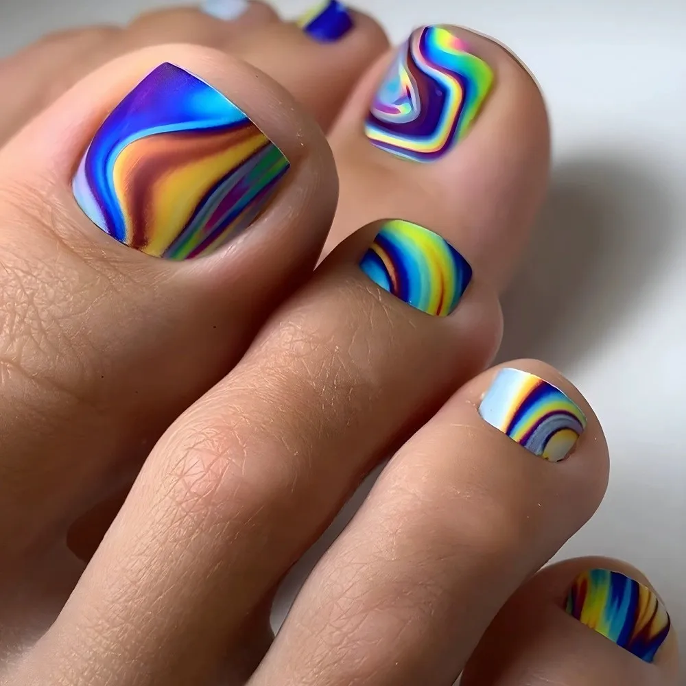 

Wearable Rainbow Gradient Square Fake Foot Nails 24pcs Fashion Summer Short False Toe Nails with Designs Press On Acrylic Nails