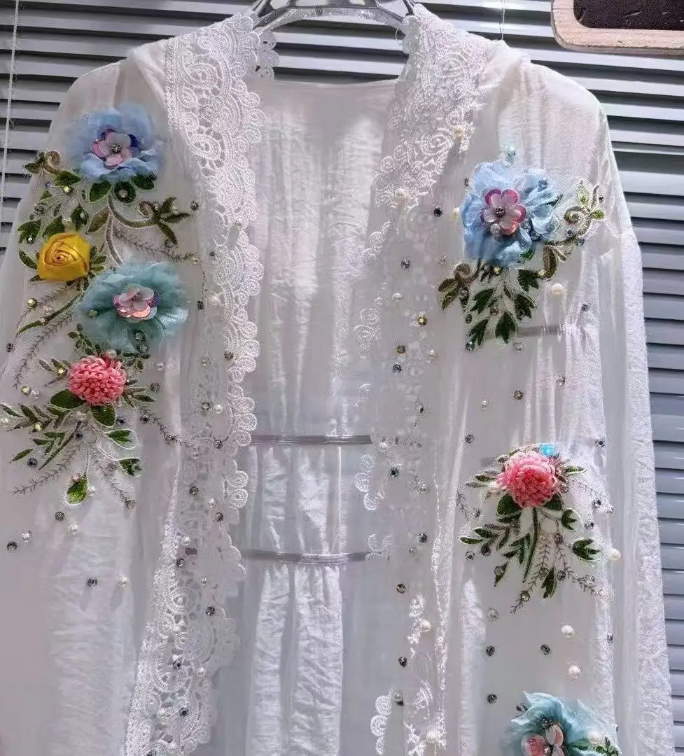 

2025 Summer Breathable Hooded Sunscreen Open Stitch Shirts Blouses for Women's Lace Embroidery Flowers Long Sleeve Cardigan Tops