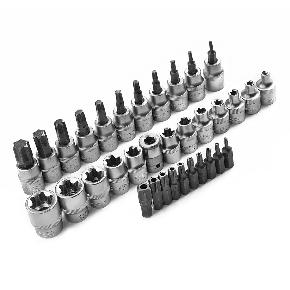 34Pcs Torx Star Sockets & Bit Set Male/ Female E-Security Bits Drive Tool Torque Hand Repair Kit Tool 3/8 1/4 5/16