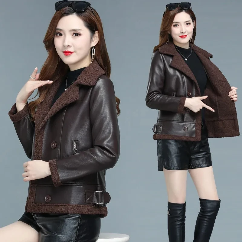 Fashionable Short Leather Coat Winter  New women's Clothing Loose Fit Thin Autumn Winter Fleece Women's Fur One Body Warm  Coat