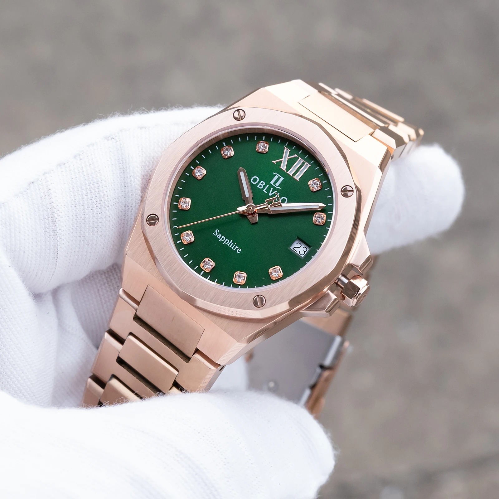 

OBLVLO Women Quartz Watch 33mm Rose Gold Green Dial Gift Watch Octagon Bezel Bracelet Band Dress Timepiece For Lady AMS
