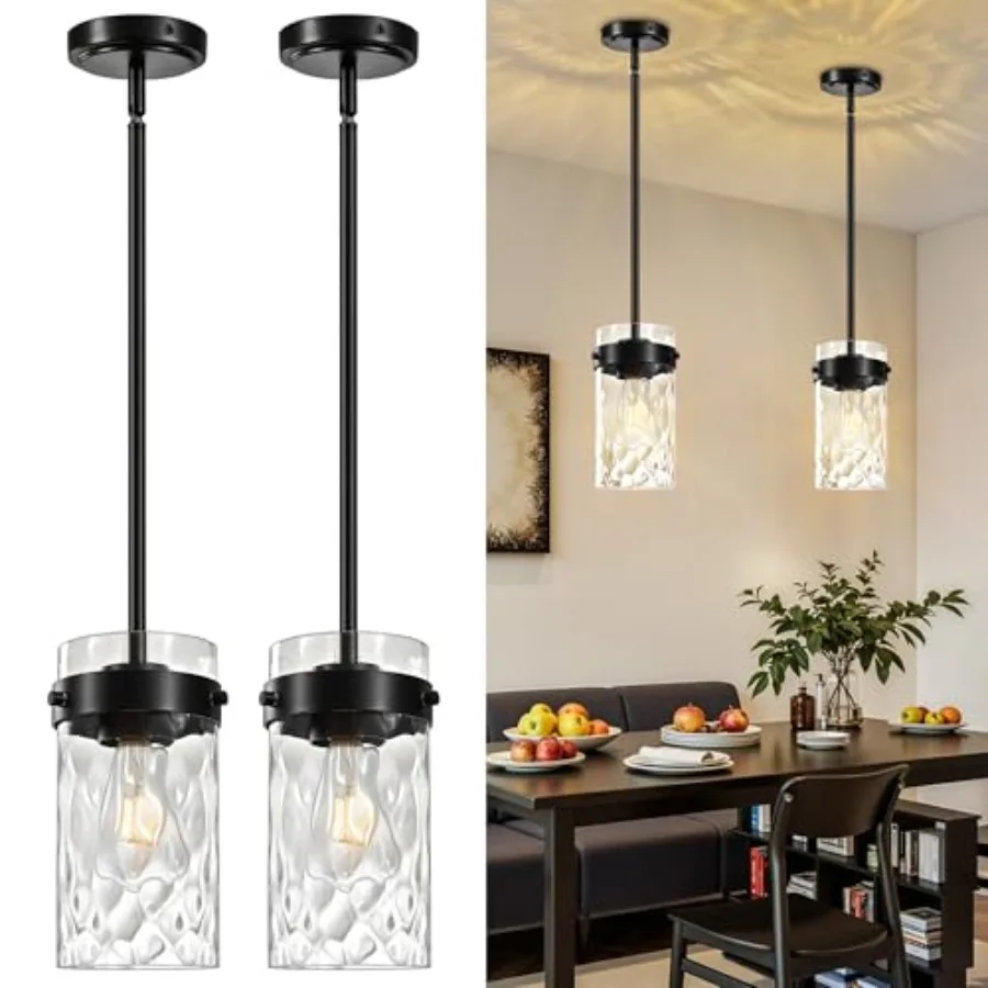 

4.72" Hammered Glass Pendant Lighting for Kitchen Island 2 Pack Modern Black Pendant Light Fixtures Adjustable Ceiling Pendant