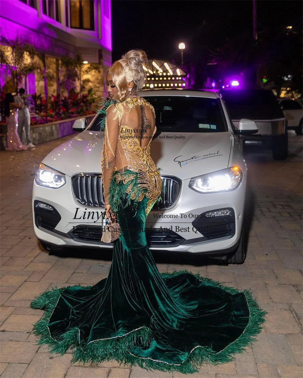 Luxury Beaded Crystals Mermaid Prom Dress Long Green Velvet Evening Party Gown Birthday Gala Black Girls Robe De Soiree