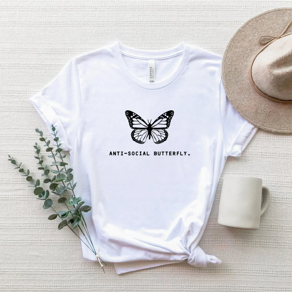 

Women Cotton T Shirt Funny Anti Social T-shirt Anti Social Butterfly Shirt Introvert Shirt Sarcastic Shirt Social Distancing Tee