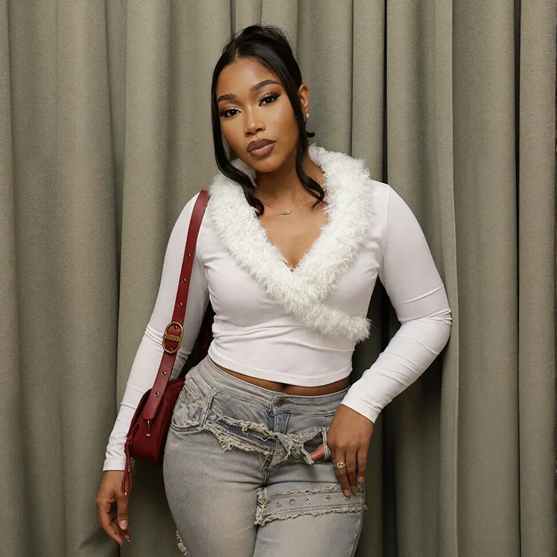 

2026 New Spring Women Fashion Sexy Tee Deep V-Fur Collar Solid Pullover Exposed Navel Long Sleeve Slim Fit Top Women's Clothing