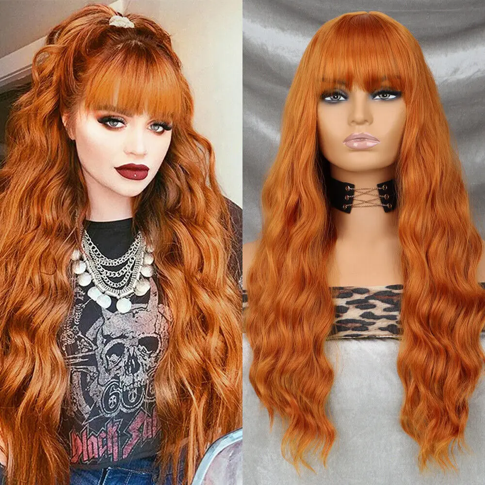 Costume Wigs With Fringe Long Wavy Synthetic Hair Heat Resistant Orange