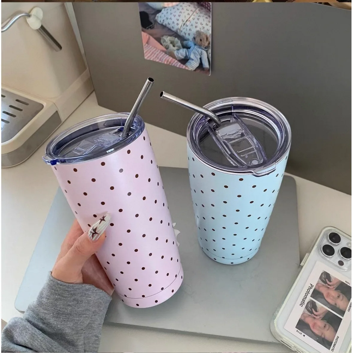 Ins Macaron Polka Dot Stainless Steel Coffee Tumbler, Double Wall Hot & Cold Insulated Straw Cup, Portable Car Travel Water Mug