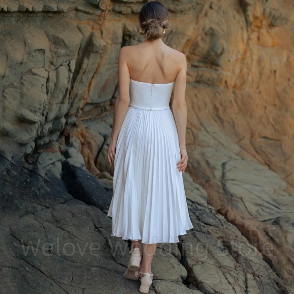 Simple Strapless Short Wedding Dress Bridal Sleeveless Open Back with Belt and Draped Tea-Length Bride Civil Register Gowns