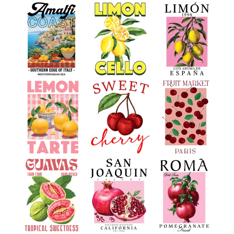 24cm Fashion Vibrant Fruit Heat Transfer Prints Lemon, pomegranate, cherry for DIY Customization and Unique Apparel Decoration