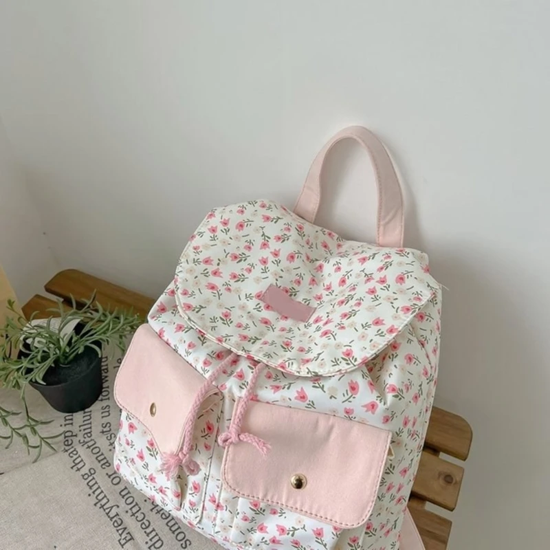 Sweet Floral Nylon Backpack for Women Girls Casual School Bag with Double Pockets and Top Flap Small Shoulder Daypack