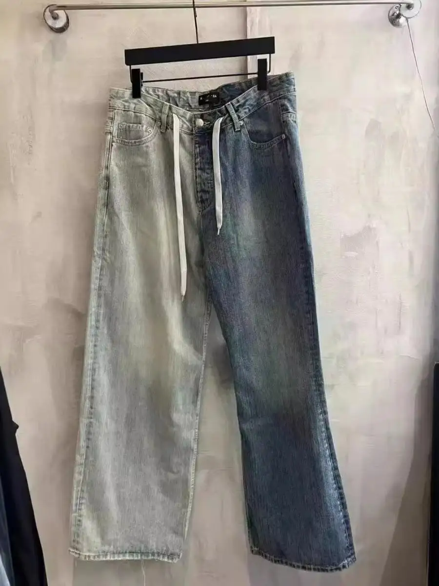 Calças Jeans Boca de Sino Largas e Soltas de Início de Outono para Homens e Mulheres, Calças Compridas com Blocos de Cores, J...